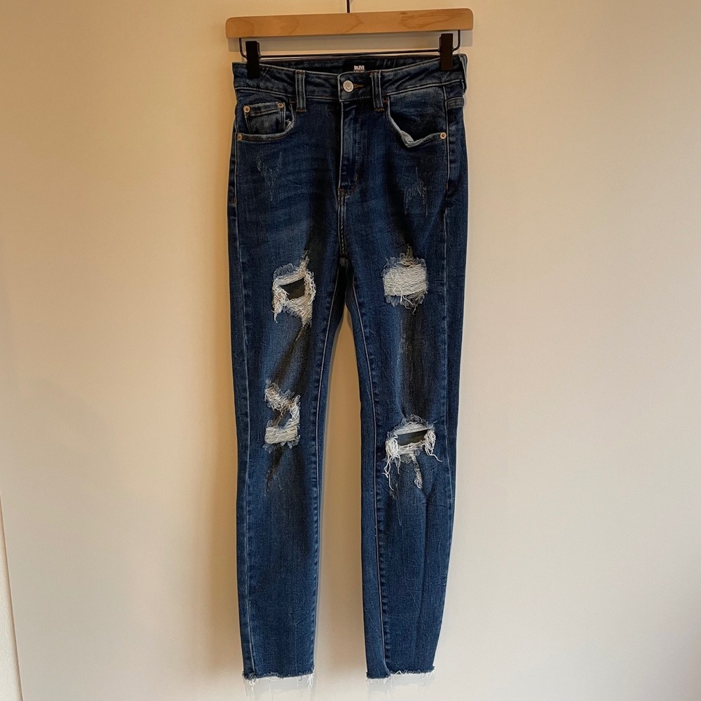 I&M BLACK LABEL Women's Blue Distressed Skinny Jeans Raw‎ Hem Size 1